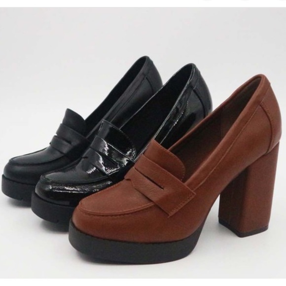 Lug Sole Tan High Heel Platform Penny Loafer - Picture 11 of 14